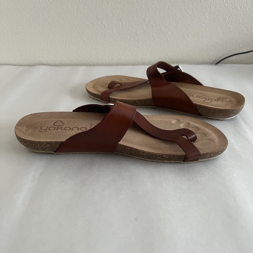 Yokono Comfort Sandals Womens 9 Brown Leather Toe Loop Spain Cork Buckle - Picture 2 of 10